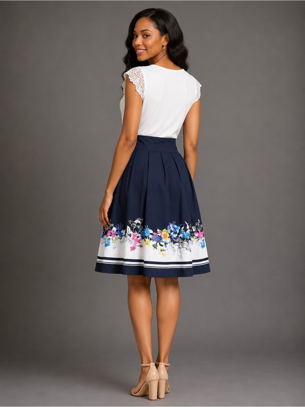 Christopher & Banks Black Floral-Trim Pleated Skirt - Picture 3 of 10
